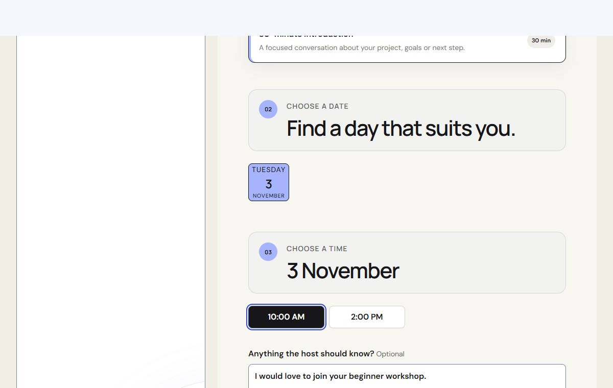 UNLISPACE bookings screen with sample data