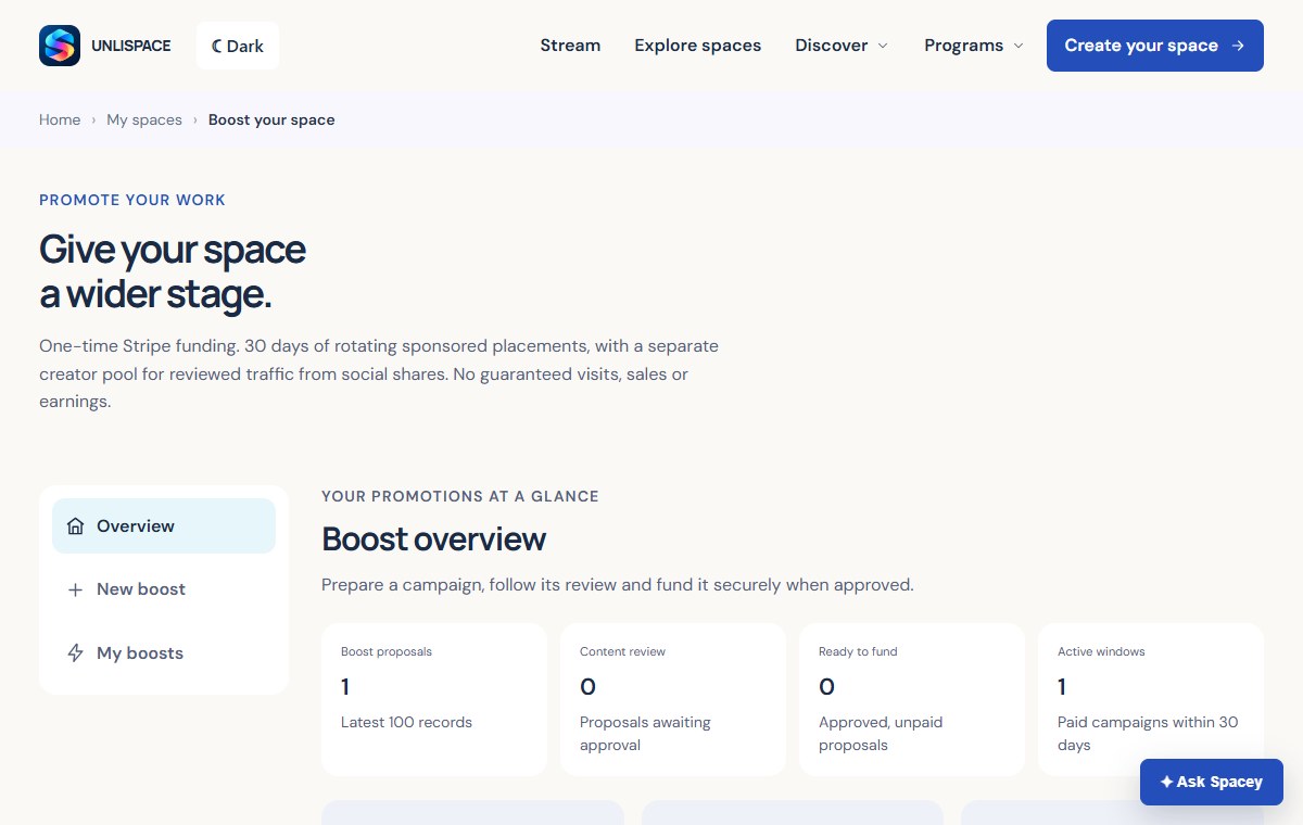 UNLISPACE boost screen with sample data