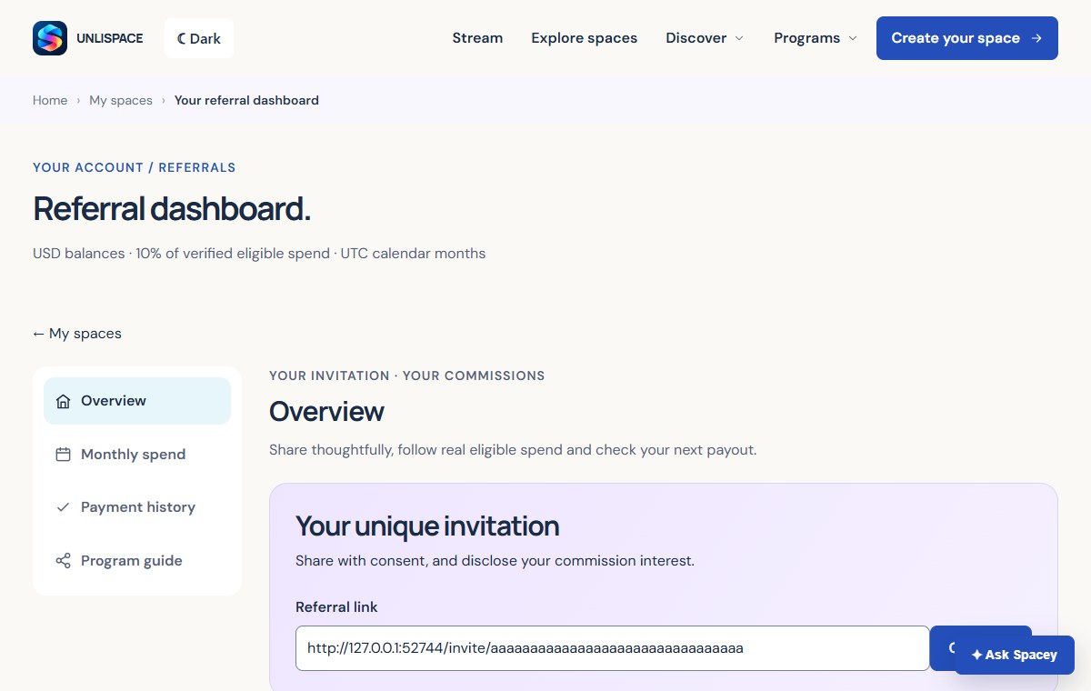 UNLISPACE referrals screen with sample data