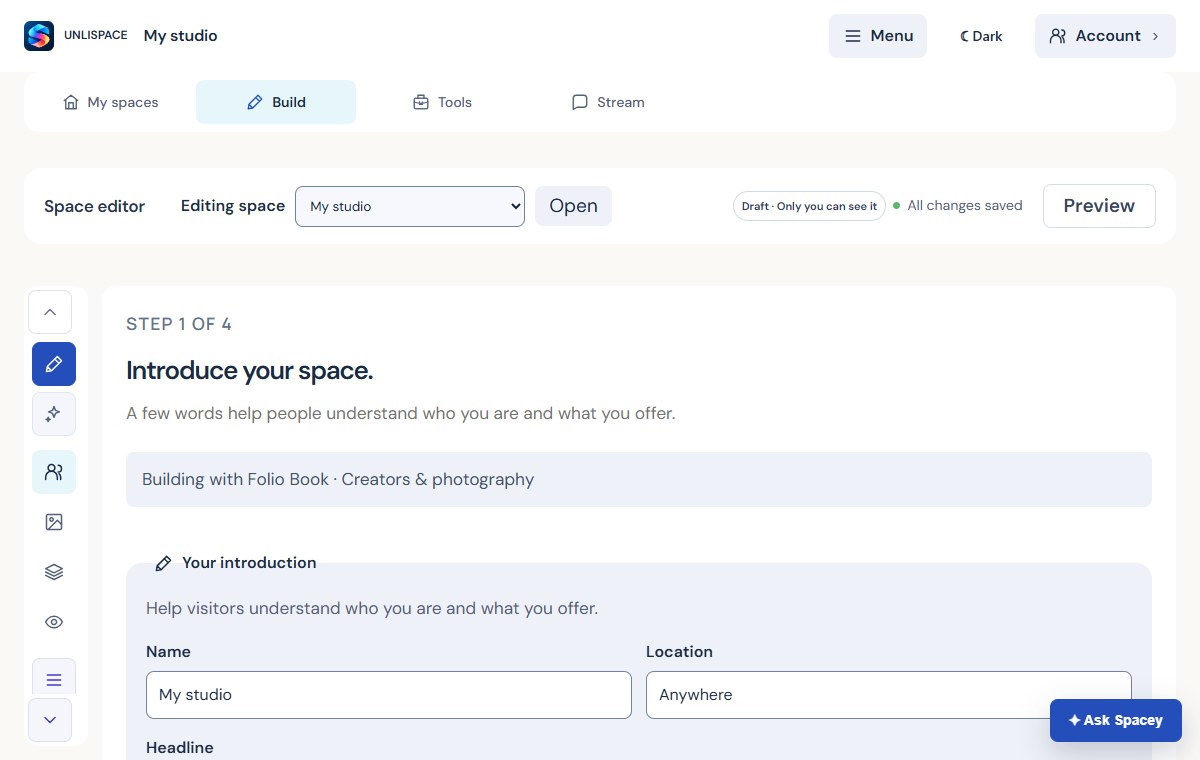 UNLISPACE studio screen with sample data