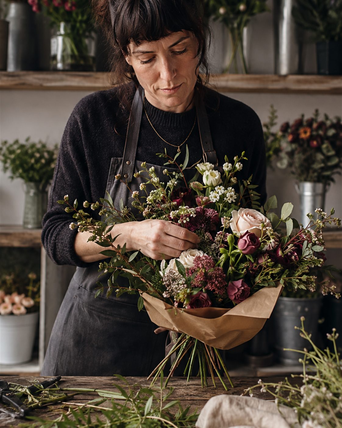 A florist arranging a seasonal bouquet
