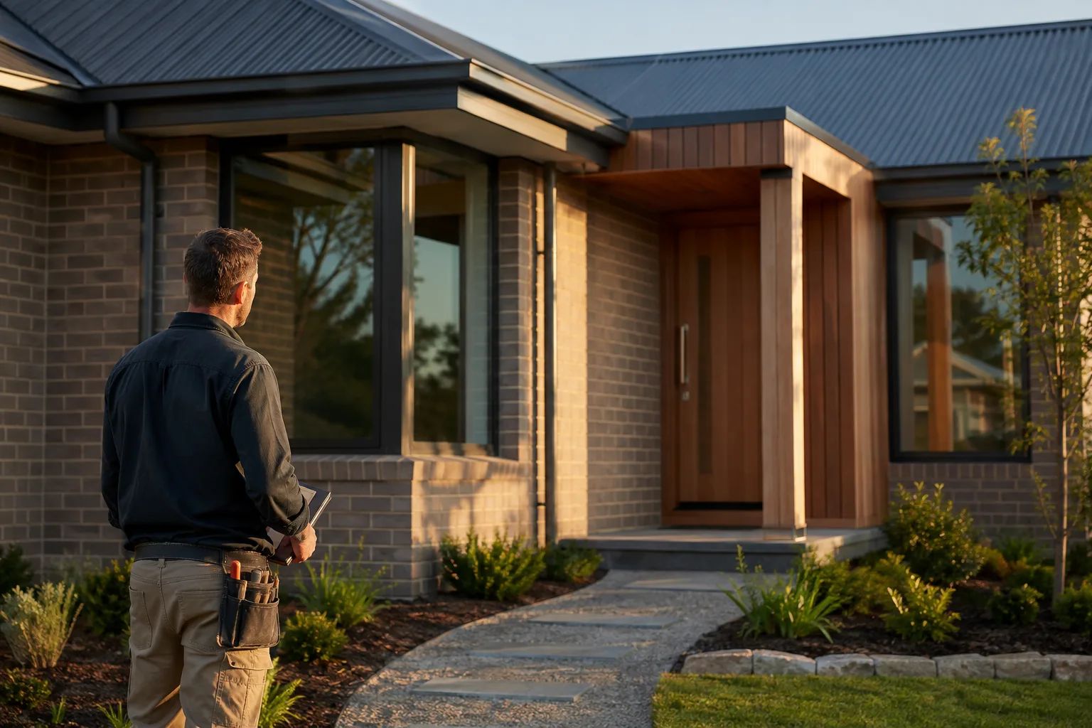 Builder inspecting the exterior of a modern brick family home