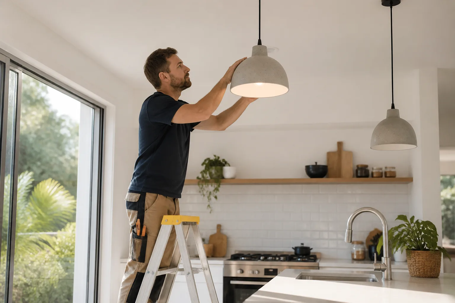 Electrician inspecting a pendant light in a bright modern kitchen