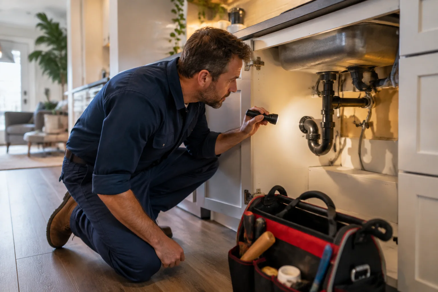 Plumber inspecting tidy pipes beneath a kitchen sink