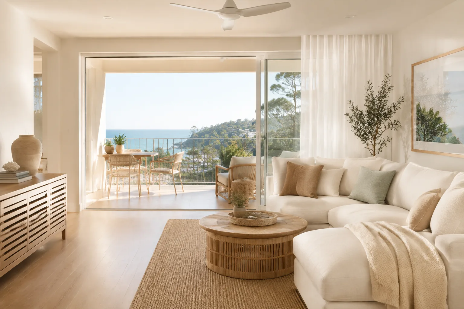 Light-filled coastal apartment with a balcony and distant ocean view