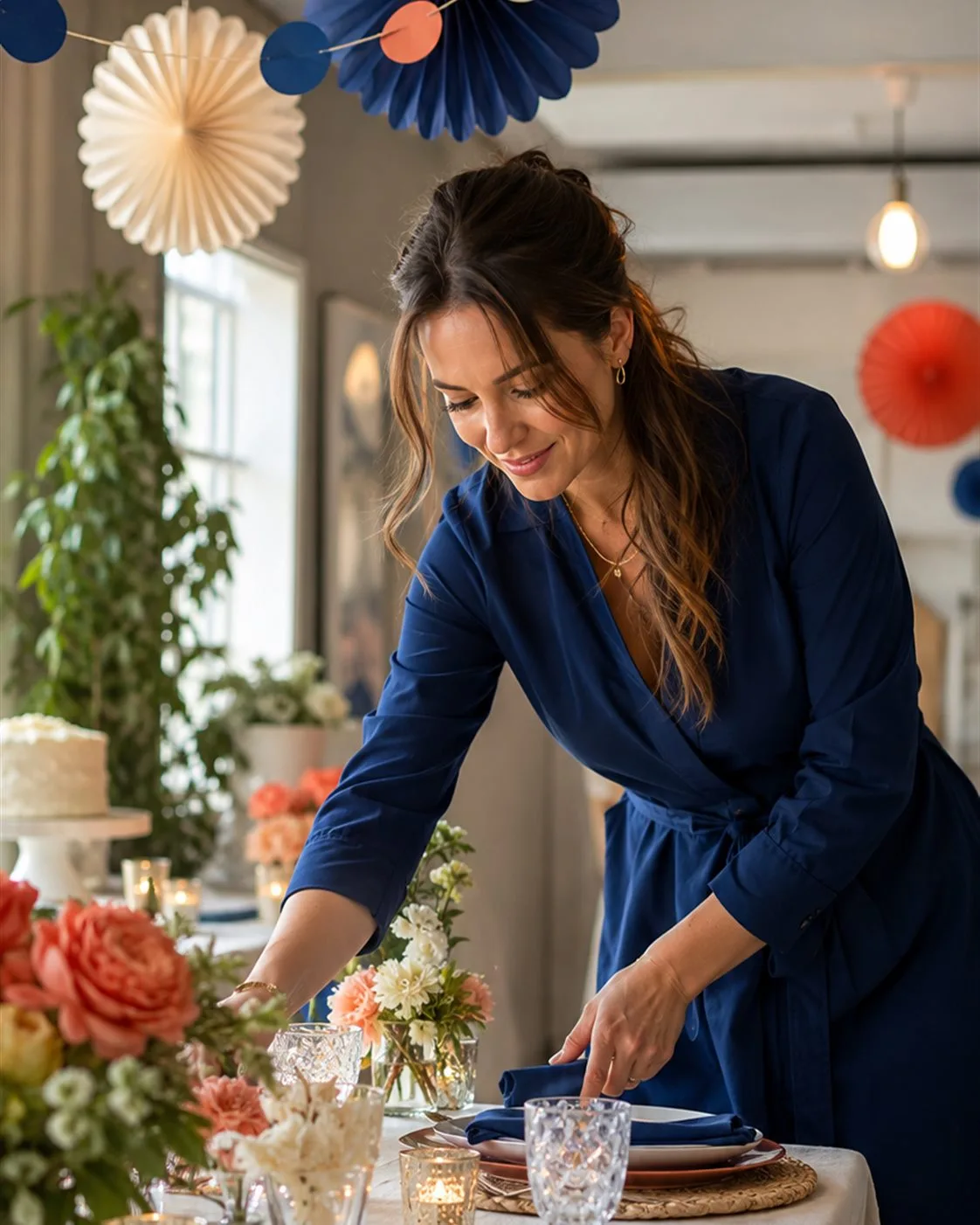 Party host styling a colourful celebration table