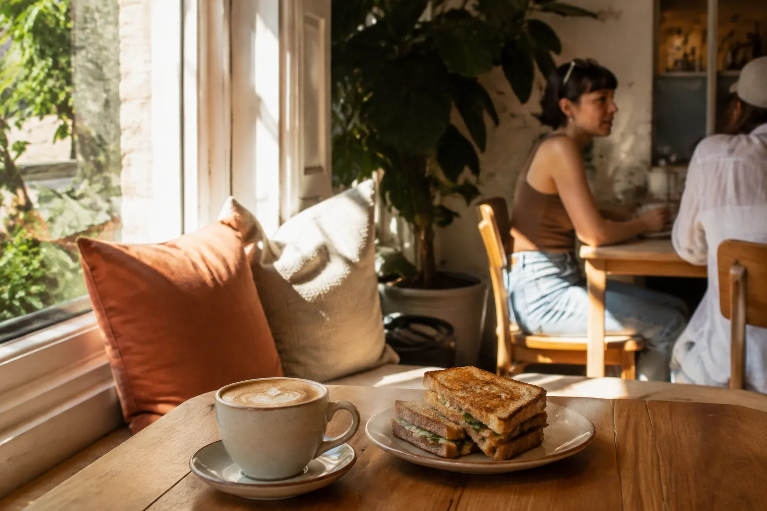 Sunny neighbourhood cafe with a window seat, toastie and cappuccino