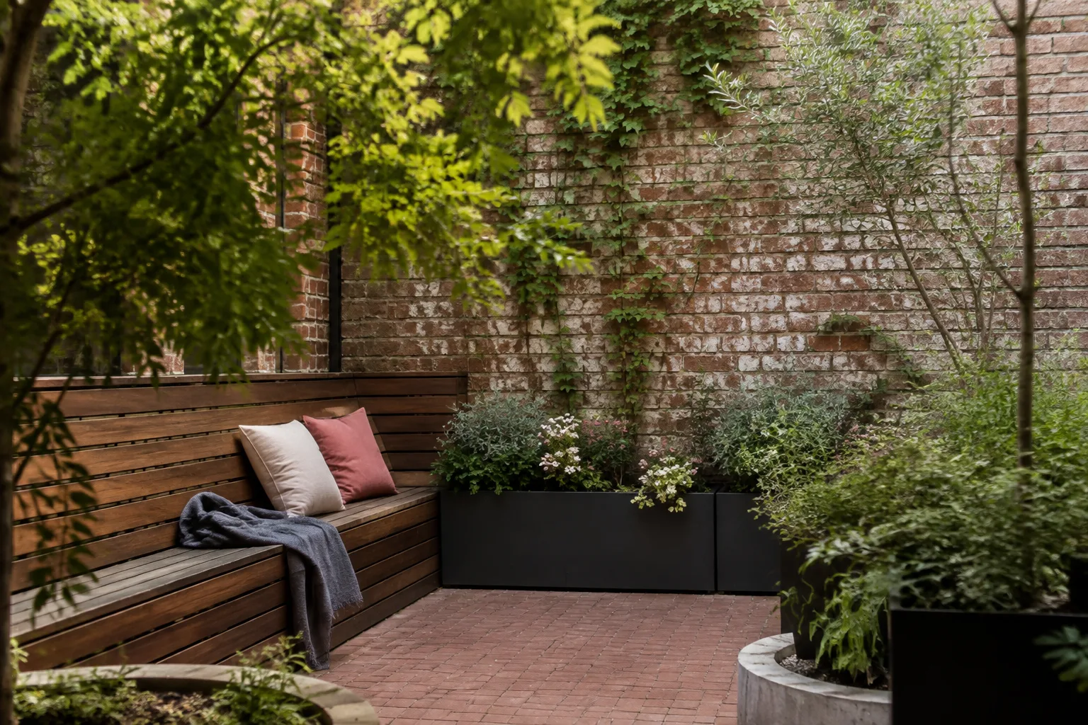 Compact urban courtyard with planters, a timber bench and layered foliage
