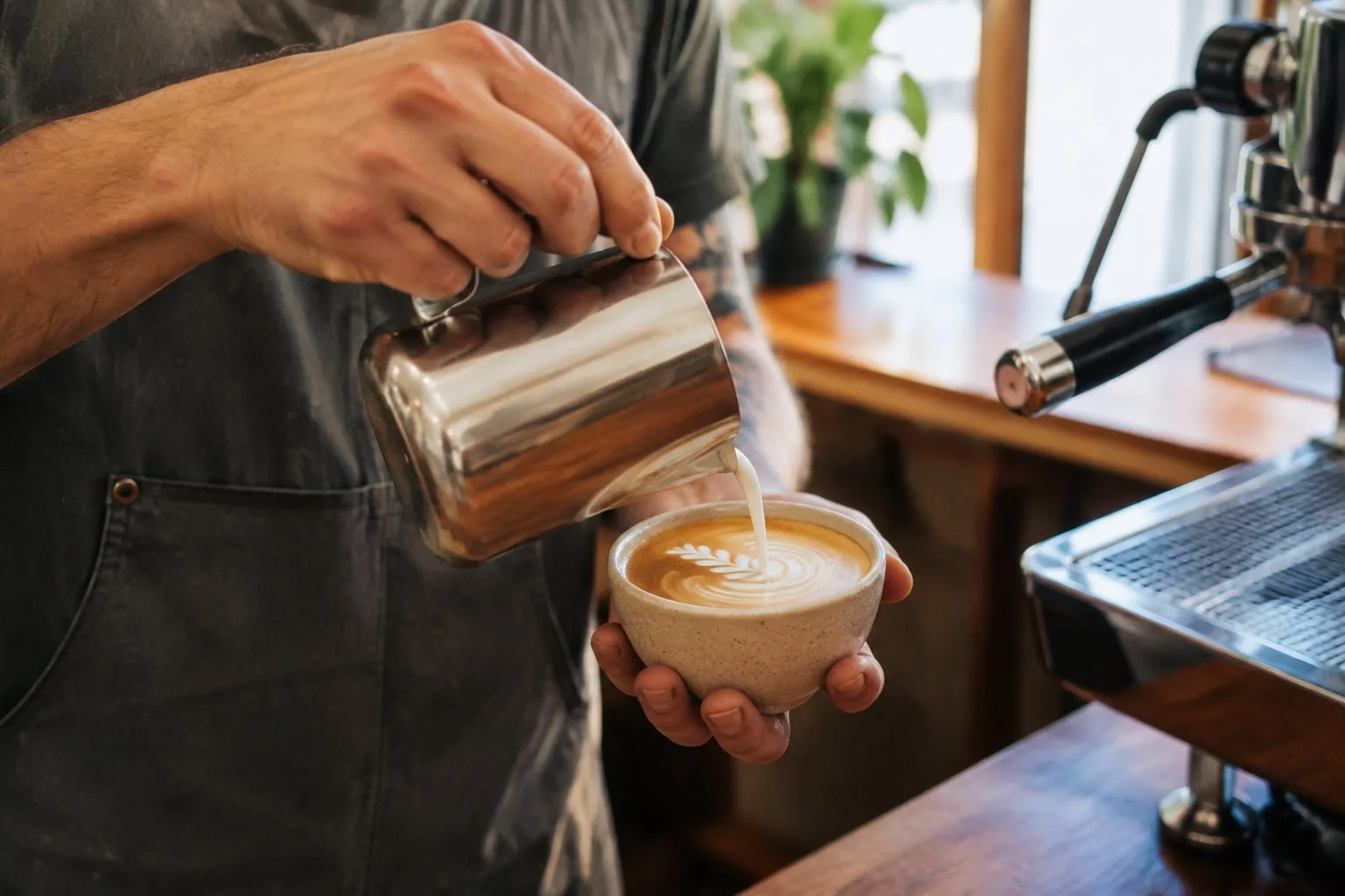 Barista pouring milk into a latte at a bright coffee bar