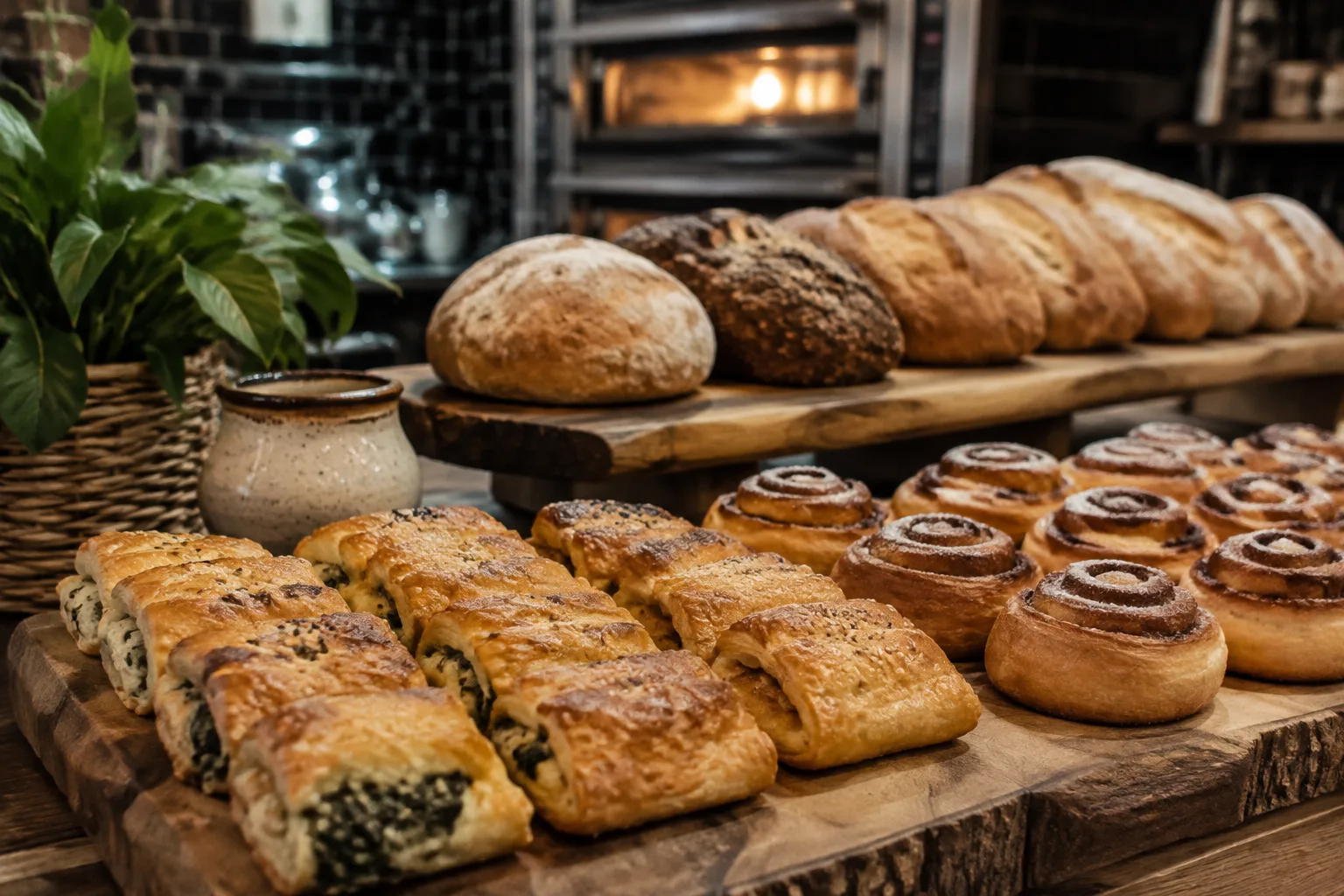 Bakery display of golden savoury pastries and cinnamon morning buns
