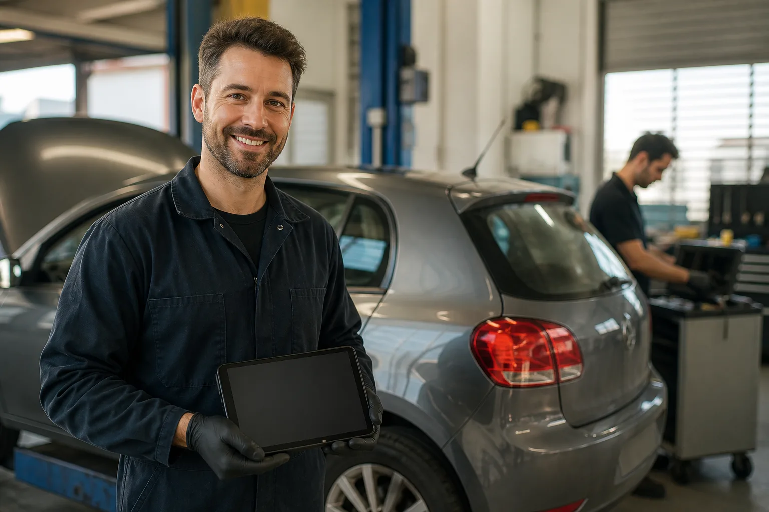 Mechanic holding a diagnostic tablet beside a compact hatchback