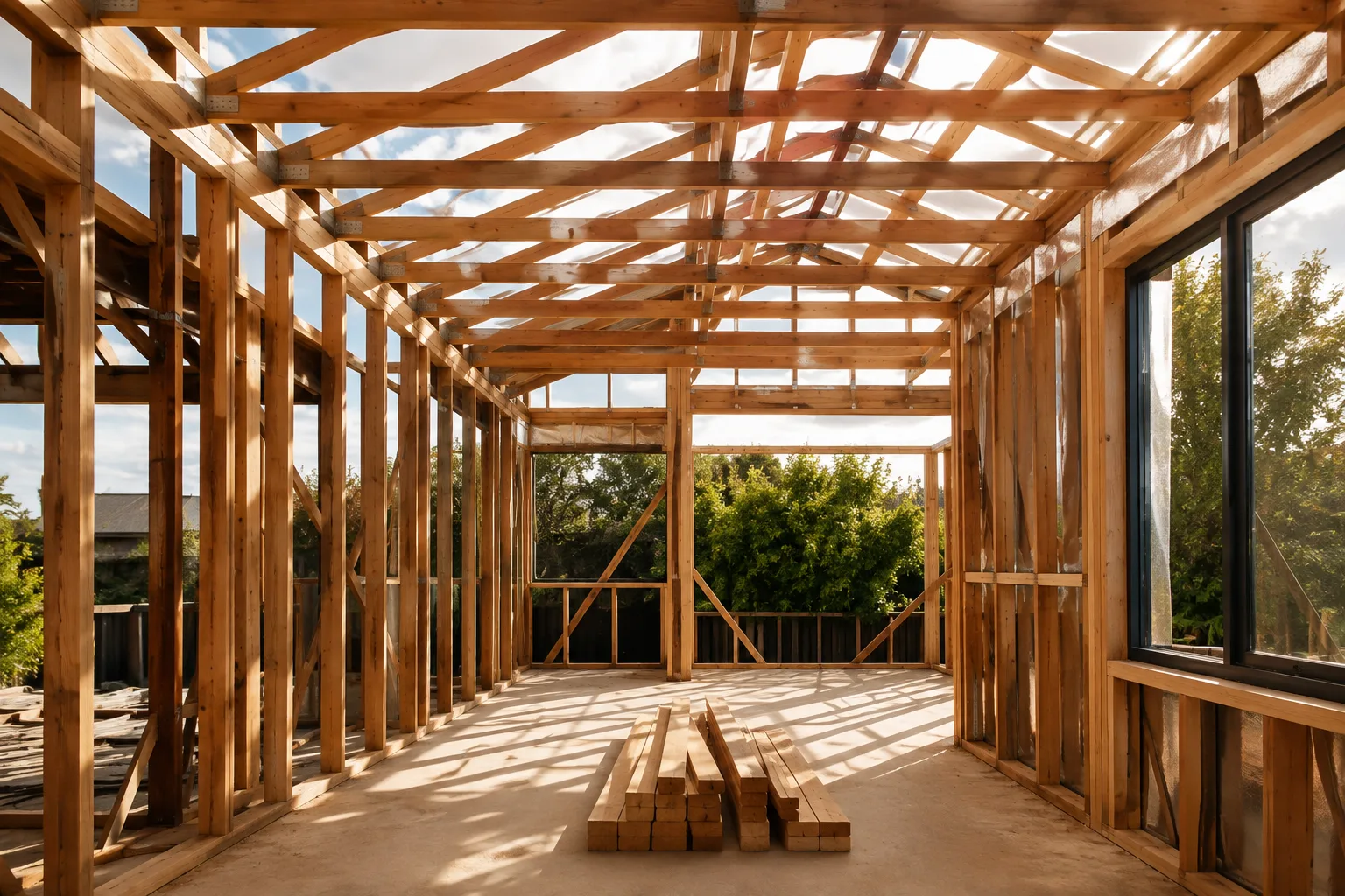 Sunlight falling across carefully assembled residential timber framing