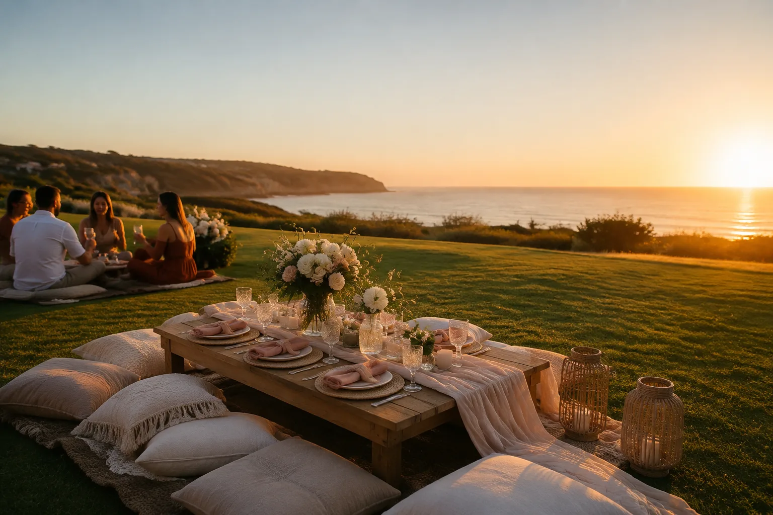 Coastal sunset picnic with a low table, cushions and flowers