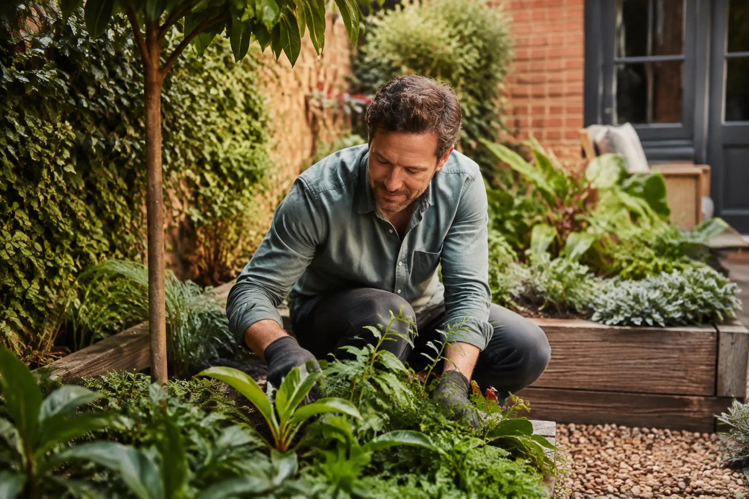 Gardener tending plants in a leafy residential courtyard
