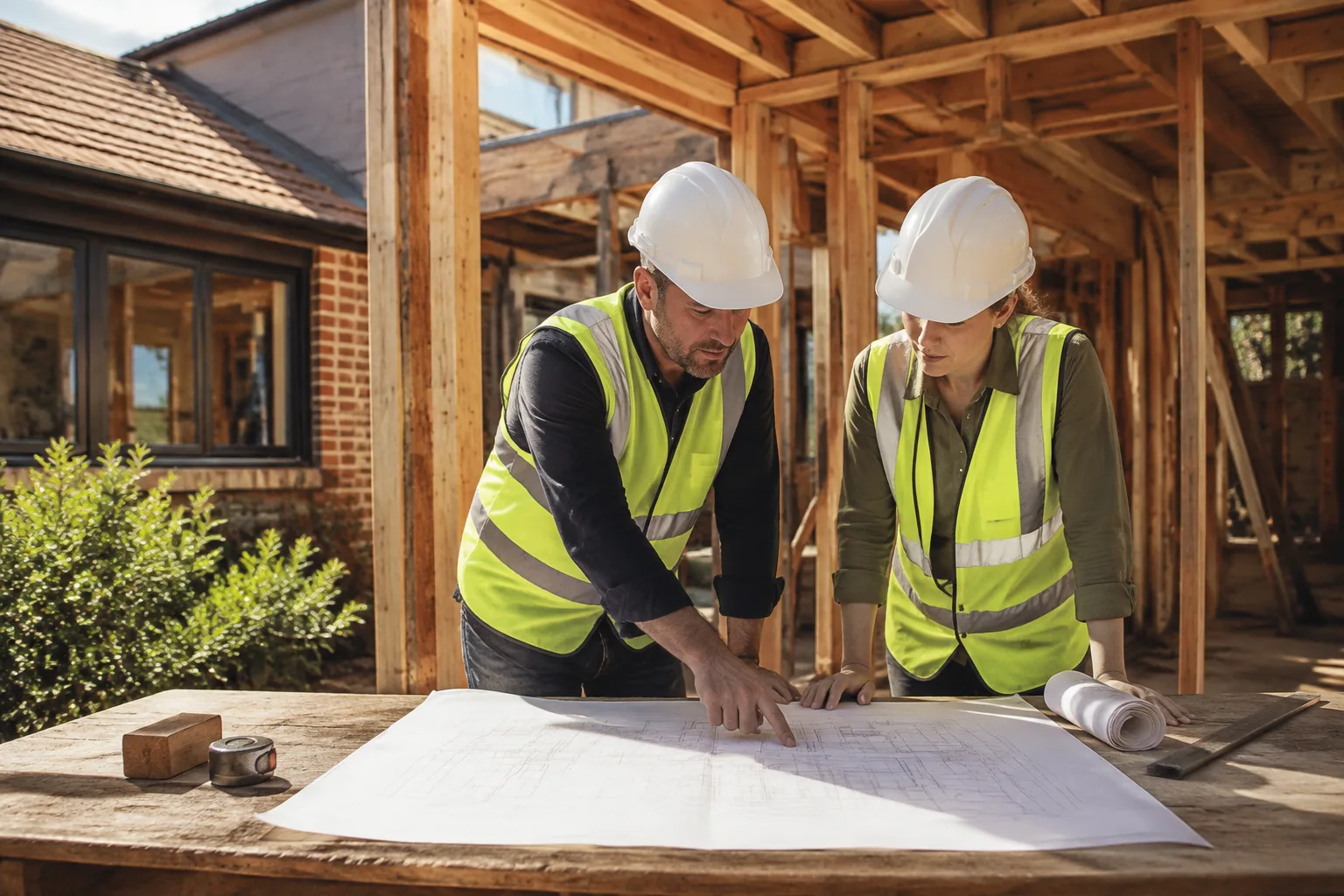 Construction professionals reviewing a plan at a house-extension site