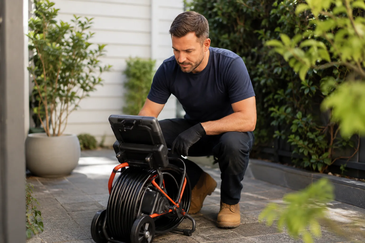 Plumber checking a drain inspection camera in a residential courtyard