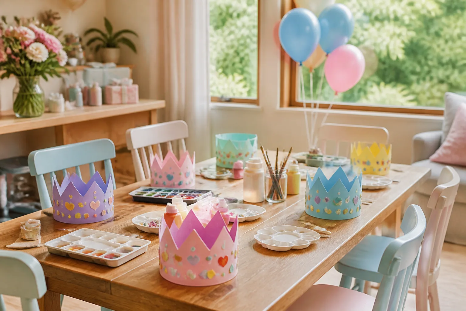 Colourful craft birthday table with paper crowns and small pastel chairs