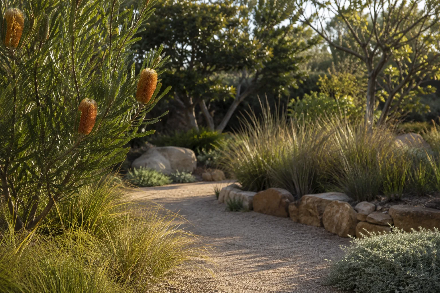Native-inspired garden with textured planting and a curved gravel path