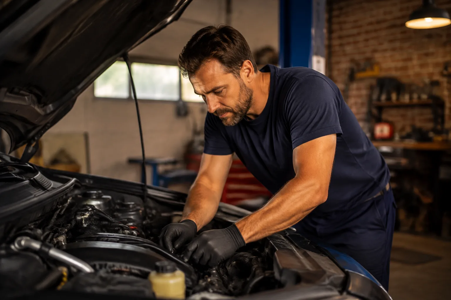 Mechanic inspecting an engine in a neighbourhood garage
