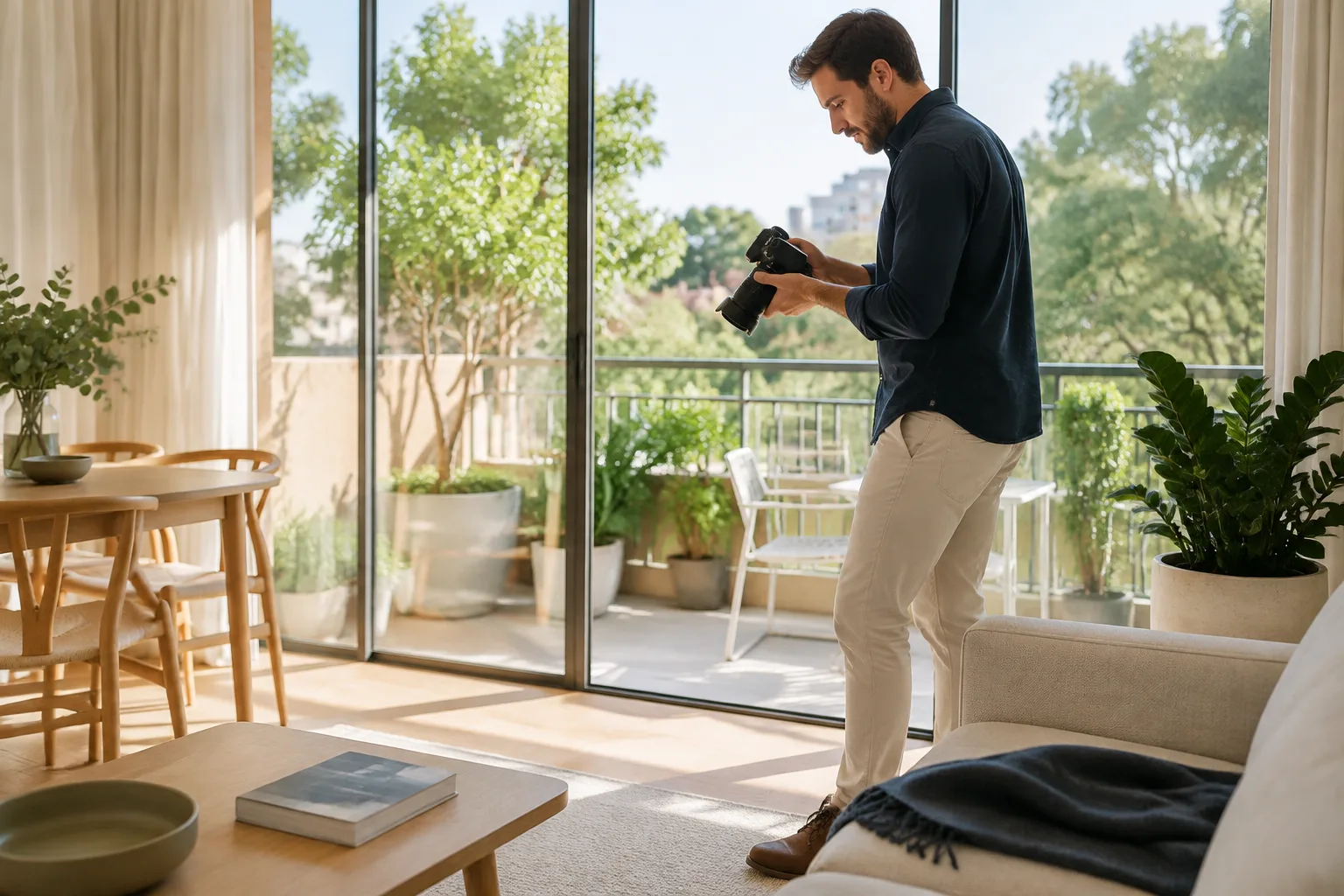 Property agent preparing interior photographs in a sunny apartment