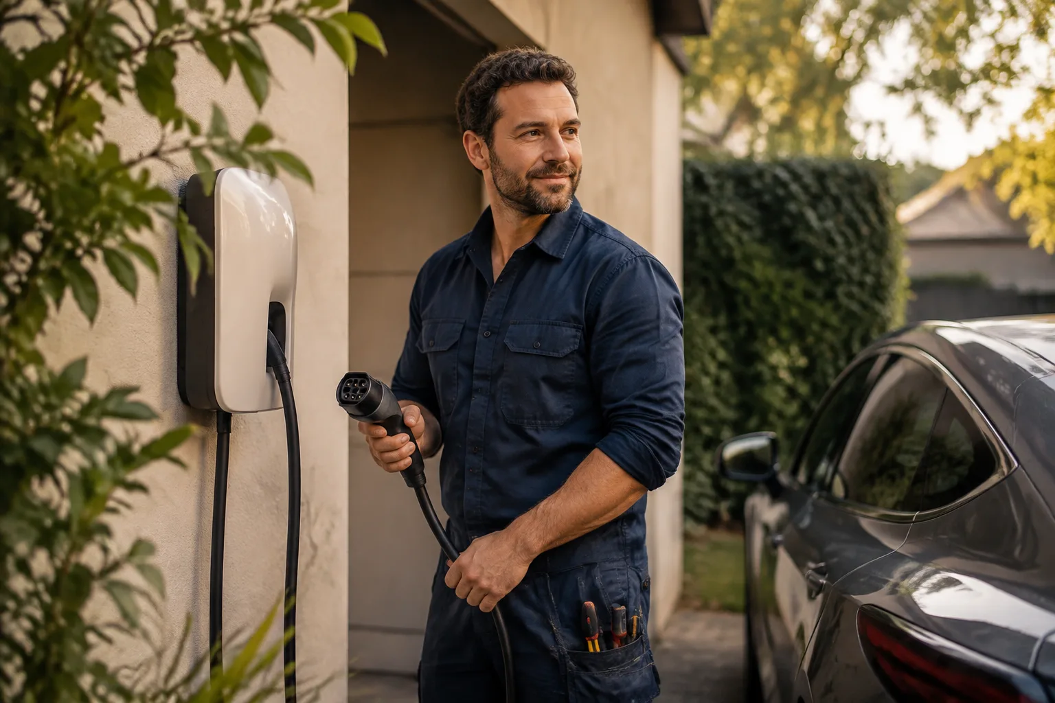 Electrician beside a home vehicle charger in a leafy driveway