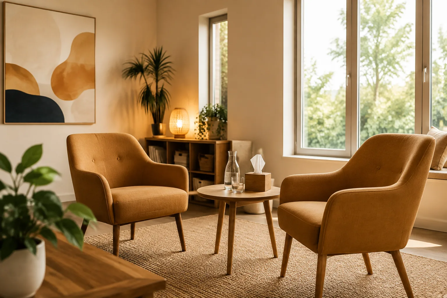 Bright consultation room with two ochre armchairs
