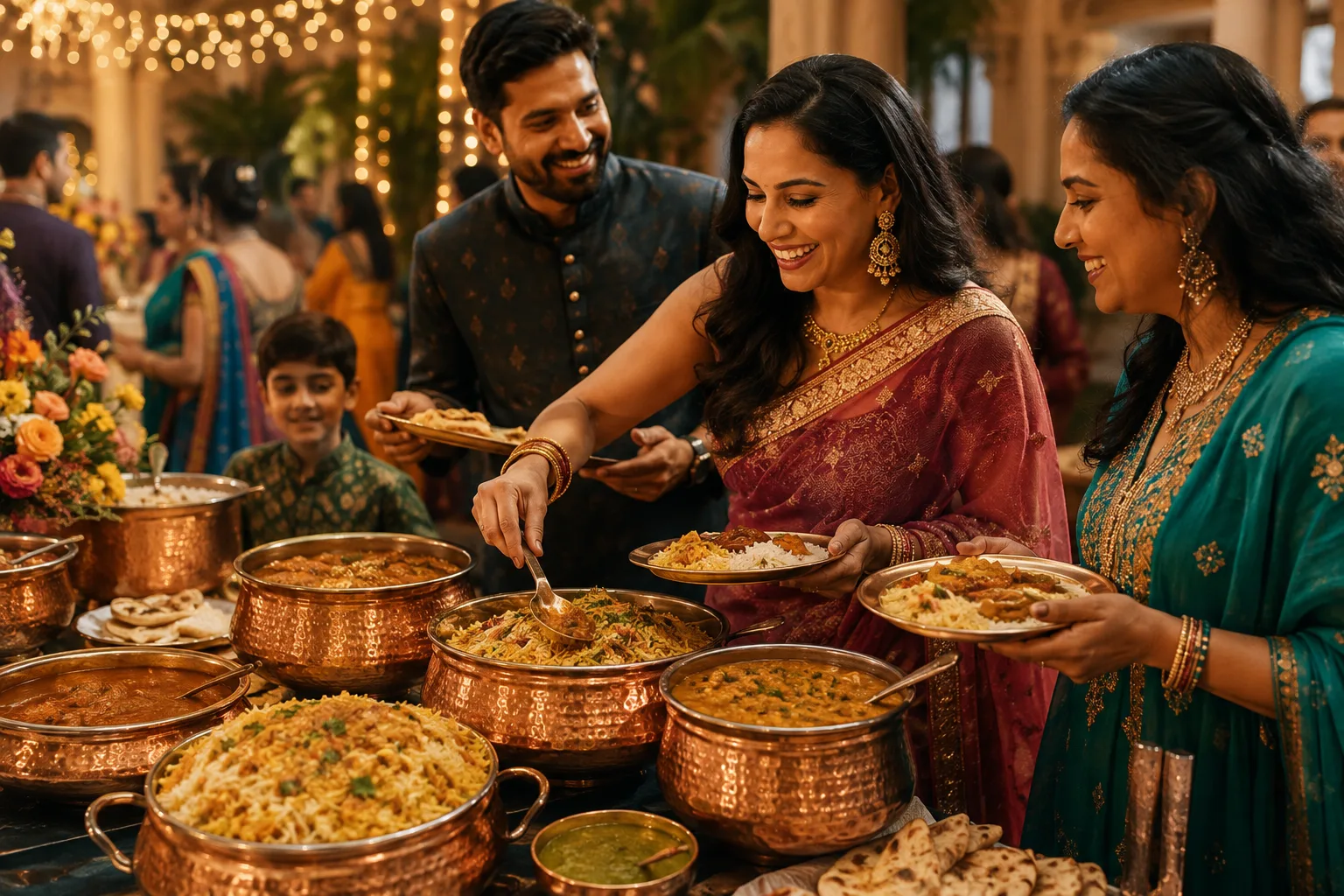 Indian celebration buffet with biryani, curries, naan and chutneys