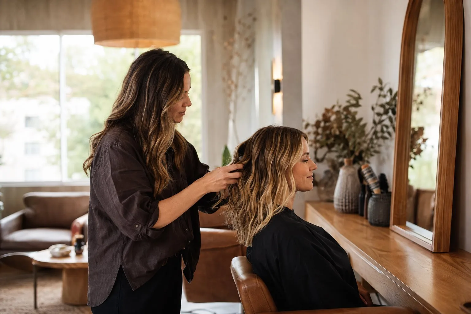 Stylist working on a client’s hair in a contemporary salon