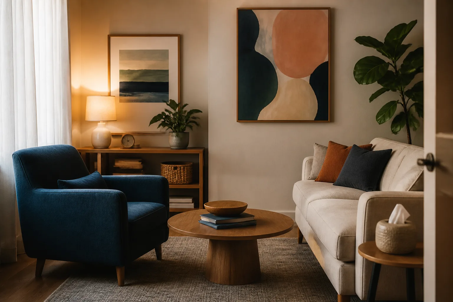 Quiet consultation room with a blue armchair and linen sofa