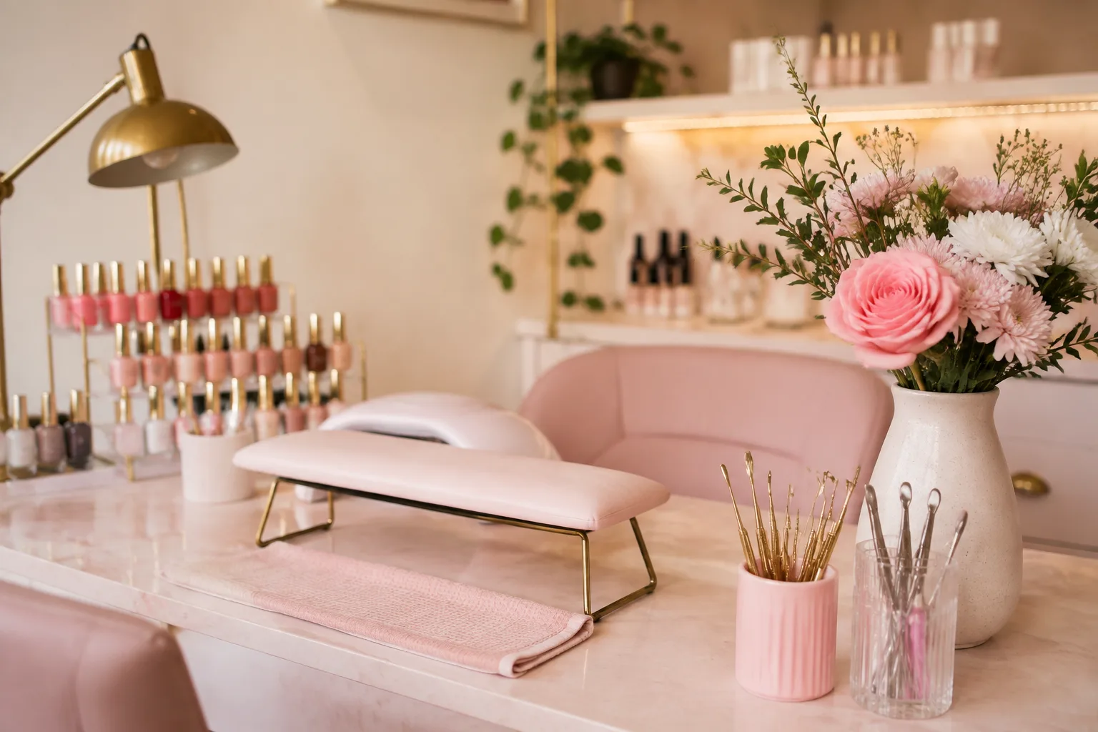 Boutique manicure station with polish colours, tools and fresh flowers