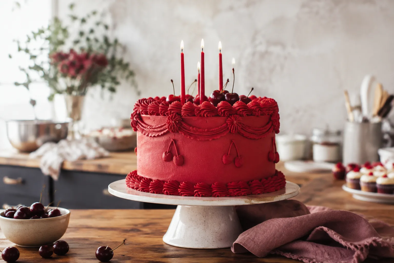 Cherry-red celebration cake with piped details and candles