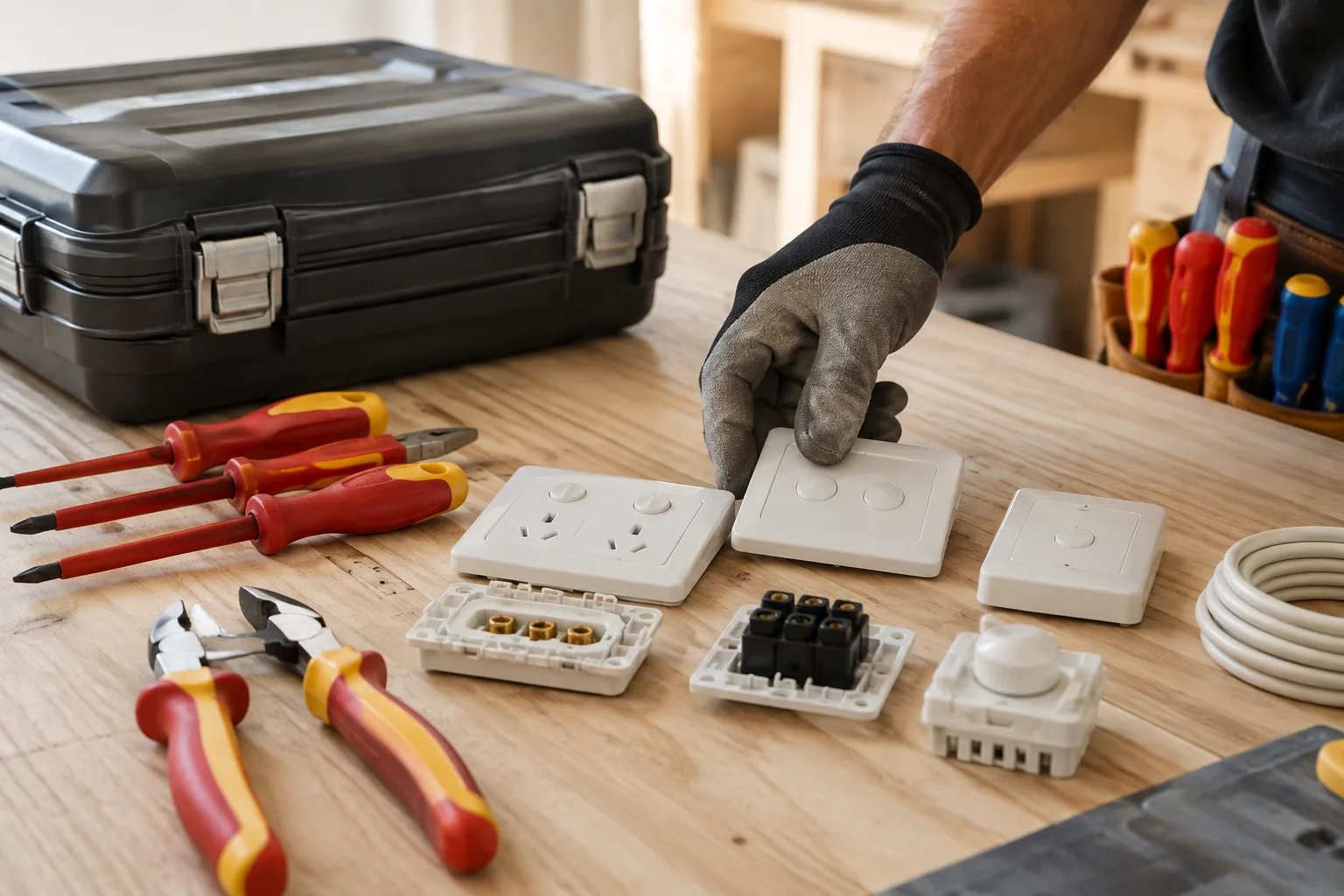 Organised electrician workbench with insulated tools and wall switches