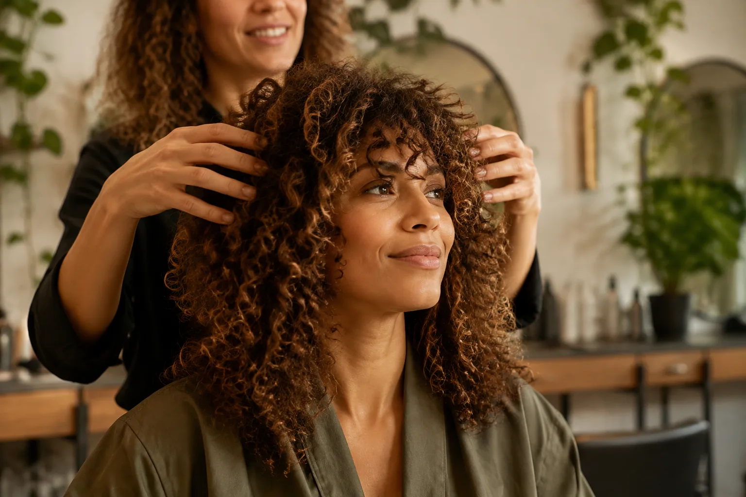 Stylist shaping a client’s natural curls in a curl-focused salon