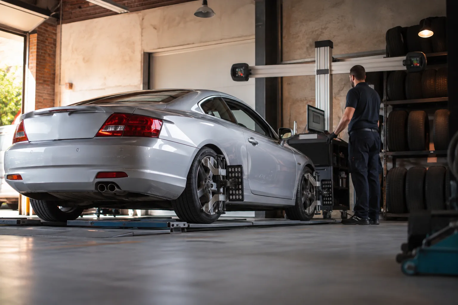 Silver car in a tidy workshop wheel-alignment bay