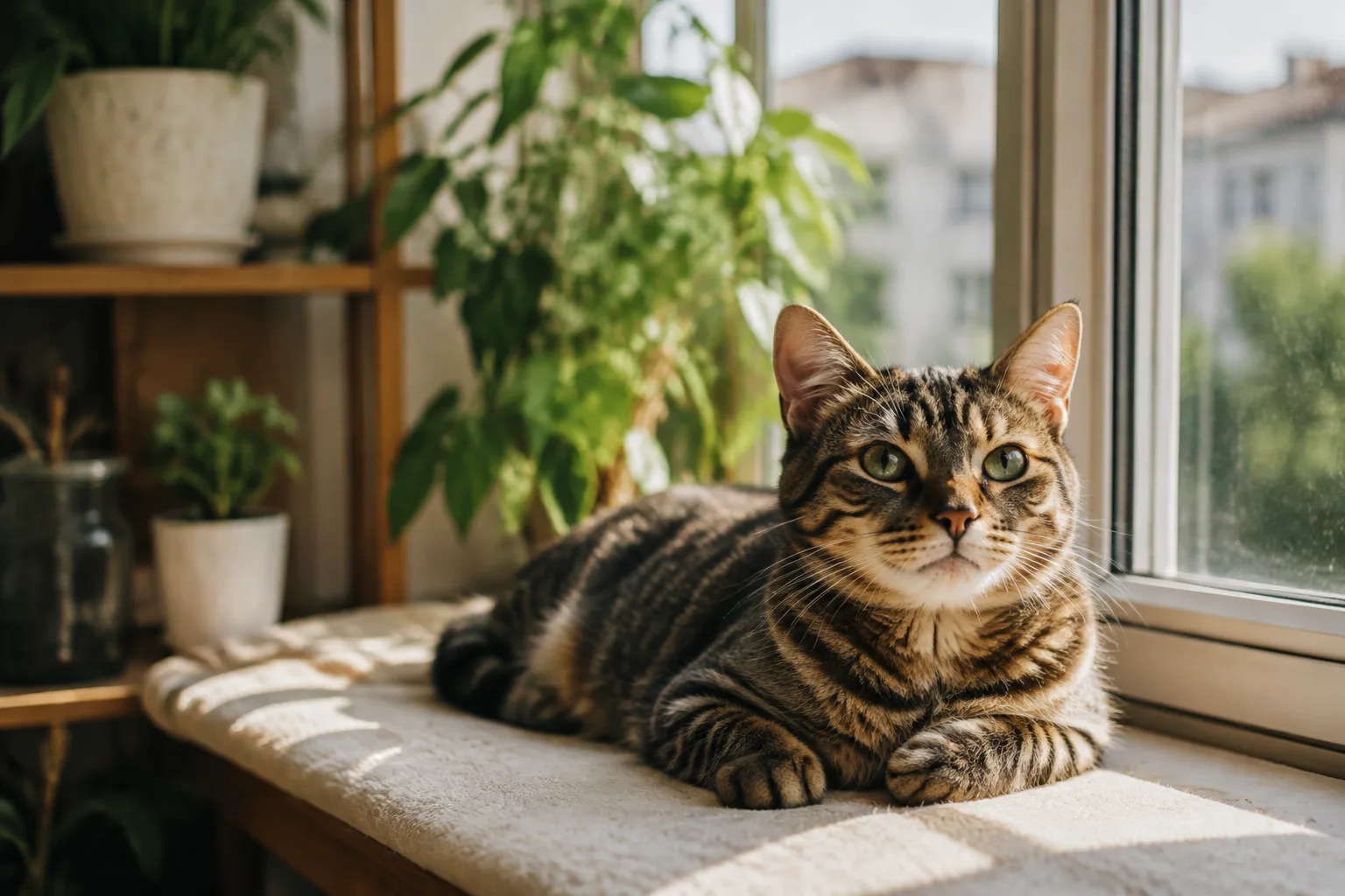 Tabby cat relaxing on a sunny apartment windowsill