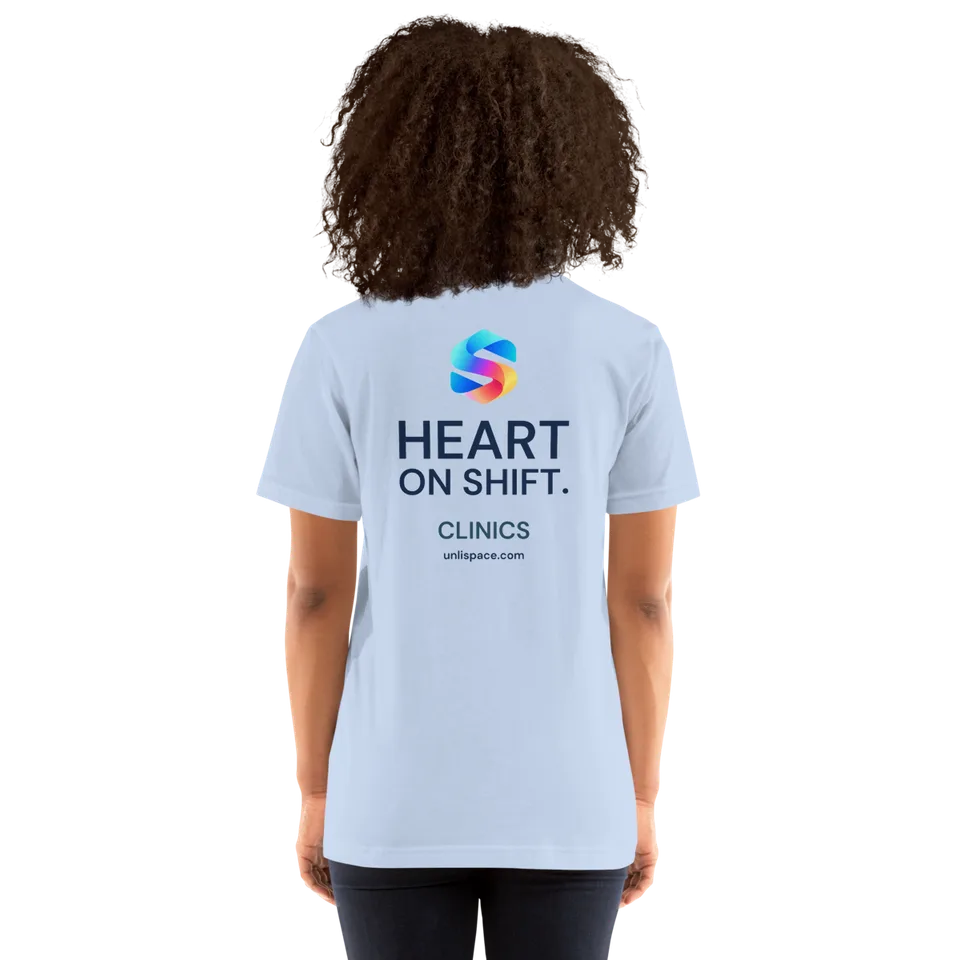 Heart on Shift Tee in Baby Blue — female model, back view