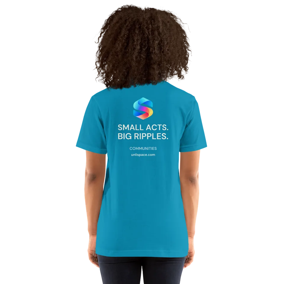 Big Ripples Tee in Aqua — female model, back view