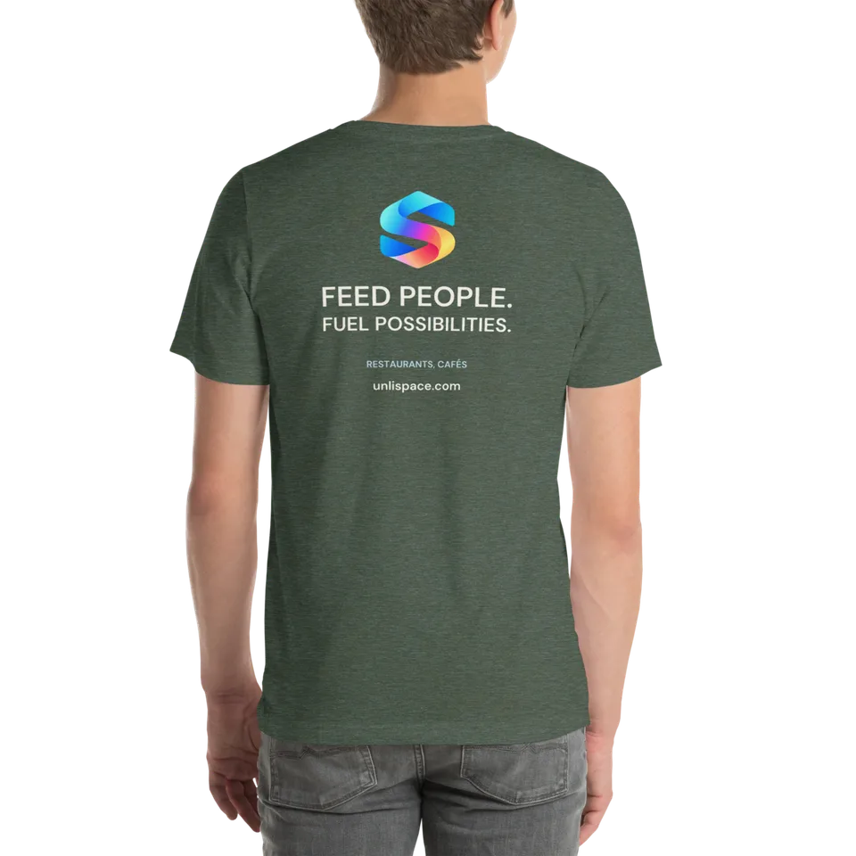 Feed Possibility Tee in Heather Forest — male model, back view