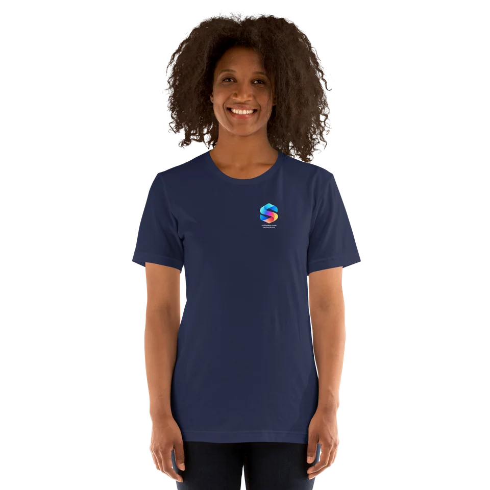 Beyond Social Tee in Navy — female model, front view